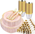 350 PCS Pink and Gold Plastic Plates, Plastic Dinnerware Set for 50 Guests, 100 Disposable Plates, 150 Silverwares, 50 Cups, 50 Napkins for Party, Wedding, Graduation