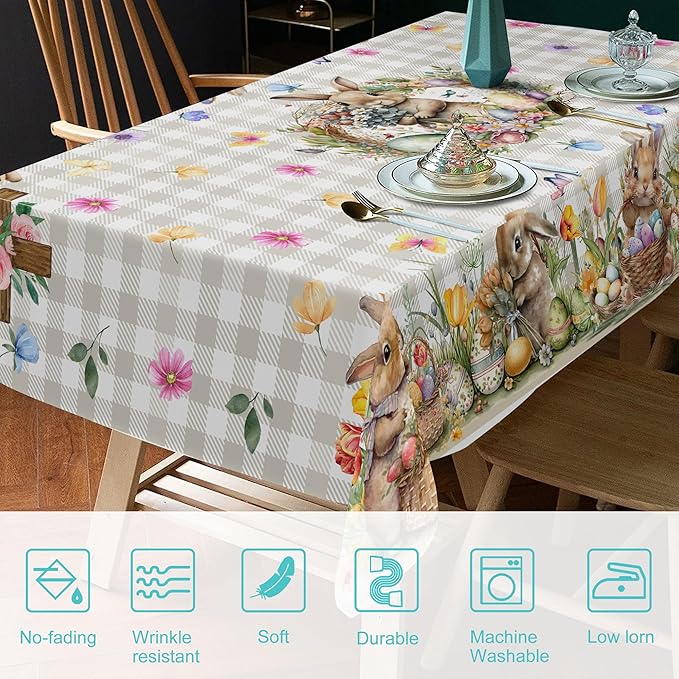 Easter Tablecloth 60 x 84 Inch Rectangle, Easter Bunny Table Cloth Buffalo Check Plaid Kitchen Table Cover for Dining Room Spring Oblong Tablecloth Indoor Decor