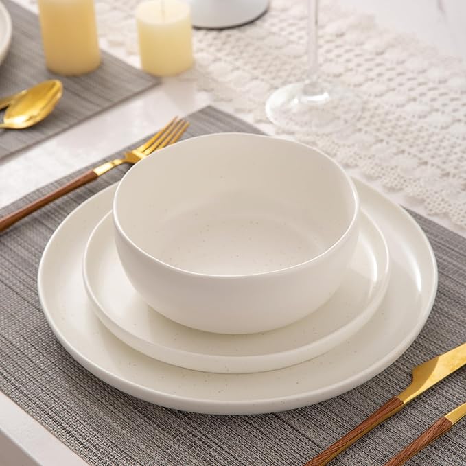 AmorArc Ceramic Dinnerware Sets, Wavy Rim Stoneware Plates and Bowls Sets,Dishwasher & Microwave & Oven Safe Dishes set, Service for 6 (18pc)-Matte Speckled White