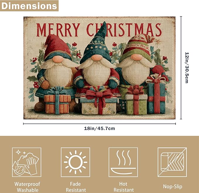 Table Placemats Set of 6, Waterproof Linen Fabric, Non-Slip Backing & Easy Clean, Elegant Dining Table Protectors for Family and Guests (Vintage Christmas Gnome)
