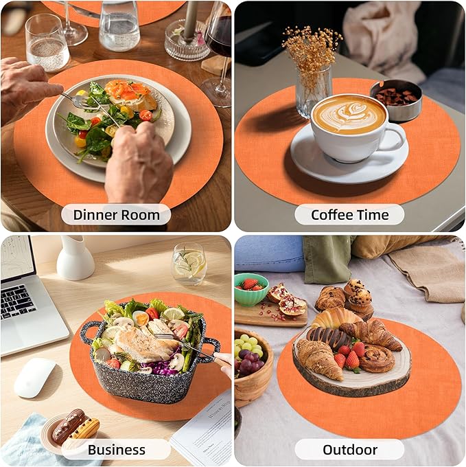 15 inch Faux Leather Round Placemats Set of 6 Non-Slip Washable Wipeable Table Mats, Heat Resistant Waterproof Oilproof Orange Place Mats for Kitchen, Dining, Party, Indoor, Outdoor