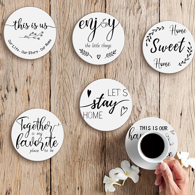 Housewarming Gifts for Home Christmas Coasters Gifts for New Home Decoration Wooden Heart Coasters for Drinks 6 Set Funny Farmhouse Coaster with Holder for Housewarming (White)