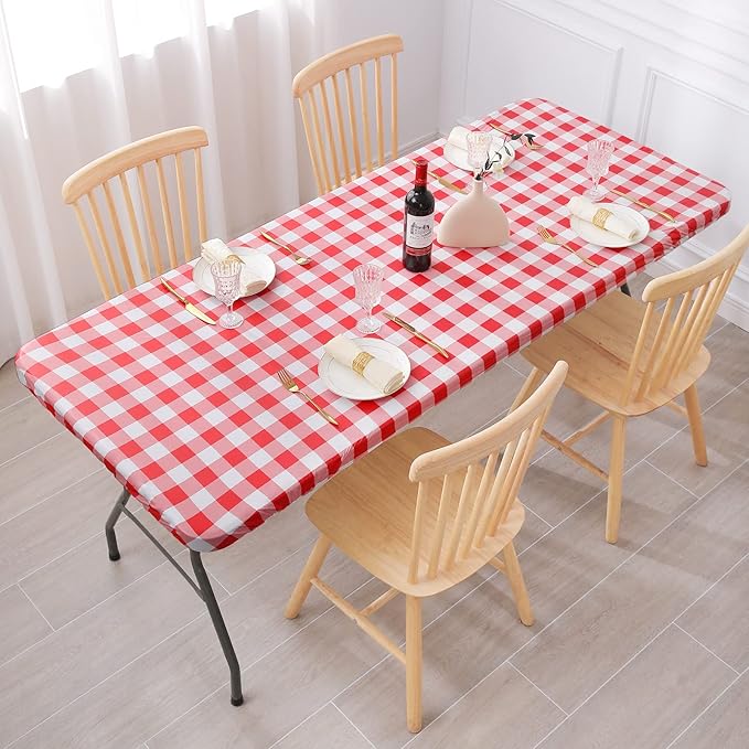 Smiry Rectangle Picnic Table Cloth, Elastic Waterproof Fitted Vinyl Tablecloths, Flannel Backed Buffalo Plaid Table Covers for Dining, Camping, Outdoor (White and Red, 30" x 72")