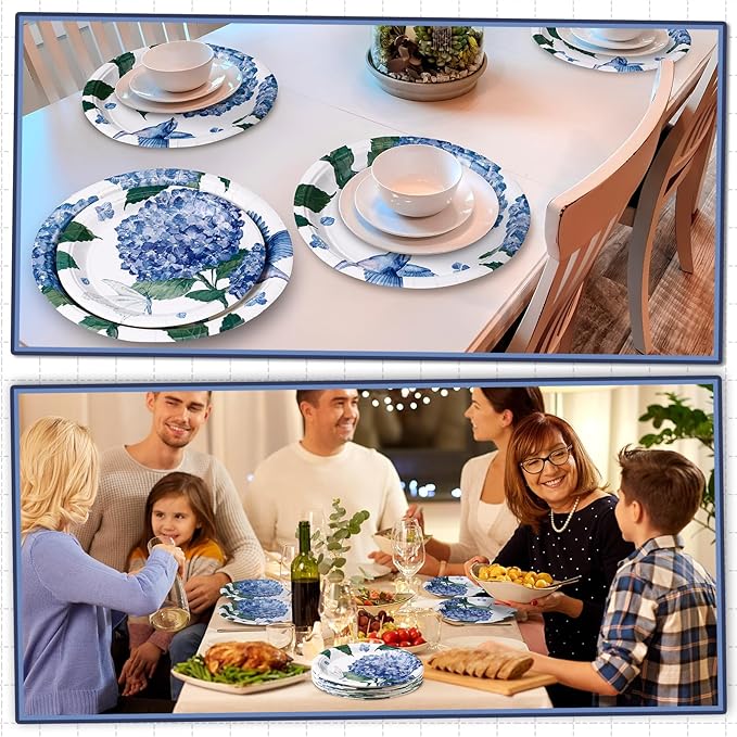 48 Pcs Hydrangea Paper Plates Set 9" 7" Summer Watercolor Disposable Plates Decorative Dinner Birthday Party Tableware for Baby Shower Party Supplies
