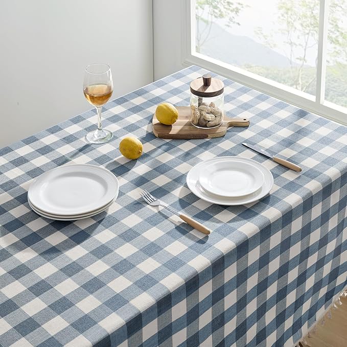 Softalker Checkered Tablecloth Rectangle, Outdoor Linen Cotton Gingham Table Cloth with Tassel, Heavy Duty Wrinkle Free Buffalo Plaid Table Cover for Kitchen Dining Home Party - 55 x 70 Inch, Blue