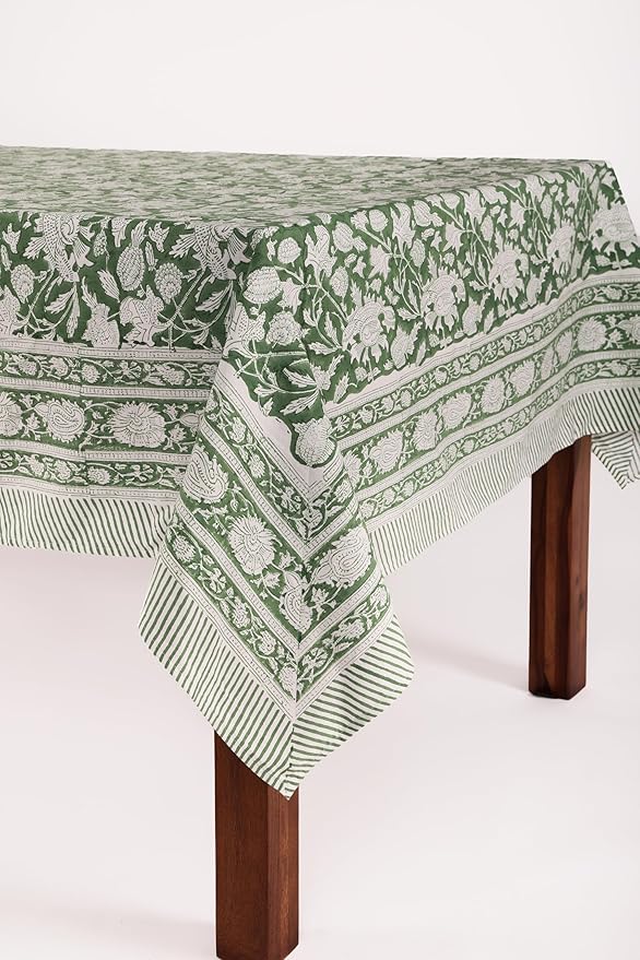 ATOSII Meraki Green 100% Cotton Fall Tablecloth, Handblock Print Rectangle Table Cover for Kitchen Dining Linen I Parties, Thanksgiving, Christmas, Wedding, Table Cloth I 72 X 140 Inches I 12 Seater
