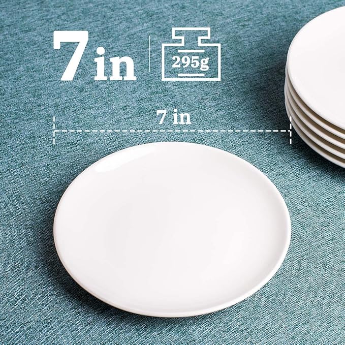 DELLING Porcelain Appetizer Plates, 7 Inch White Dessert/Salad Plates - Small Dinner Plates for Sides, Snack, Pasta - Kitchen Ceramic Serving Dishes - Set of 6
