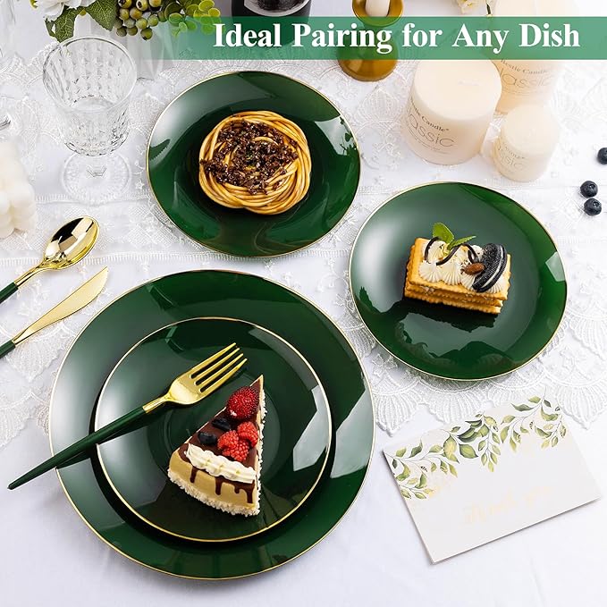 100 PCS Green Gold Plastic Plates, 10 inch Green Disposable Plates for Party, Plastic Dinner Plates for Party, Graduation, Birthday, Wedding