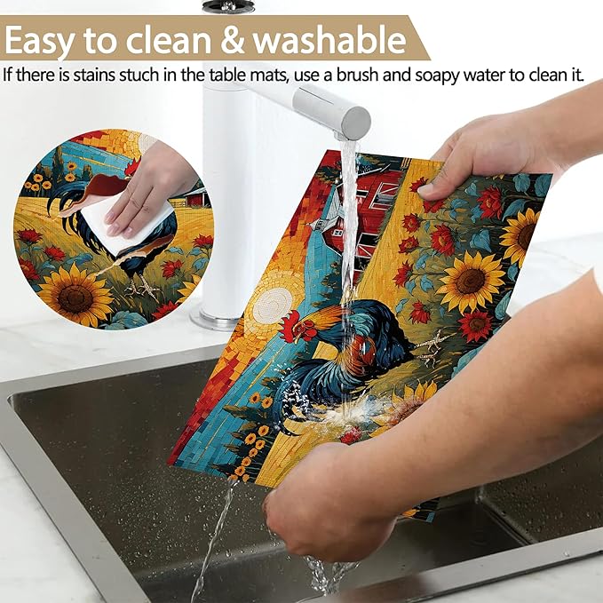 Painting Sunflowers Rooster 12x18 Inch Placemats Set of 6 - Waterproof, Non-Slip & Washable Table Mats for Kitchen & Dining Table Placemats