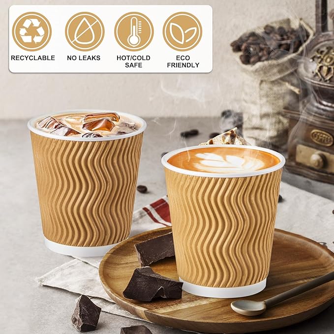 SIUQ 8 oz Coffee Cups - 150 Pack, Insulated Disposable Paper Cups 8 oz, Corrugated Ripple Wall Cups for Hot Beverage or Cold Drinks (Champagne)