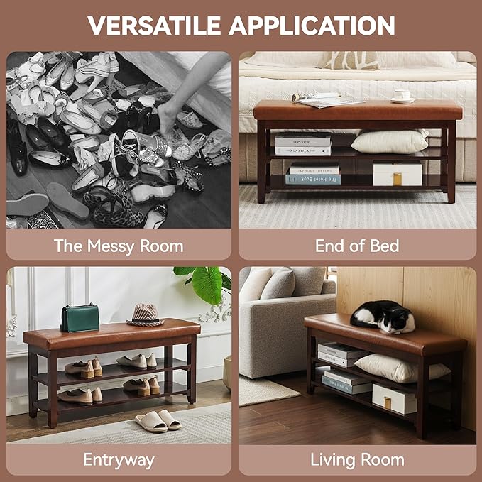 40" Shoe Bench with Leather Cushion, 2-Tier Shoe Rack Entryway Bench, Wood Bench for Front Door Entrance, Mudroom, Hallway, Wooden Shoe Shelves, Shoe Organizer, Shoe Storage, Light Brown
