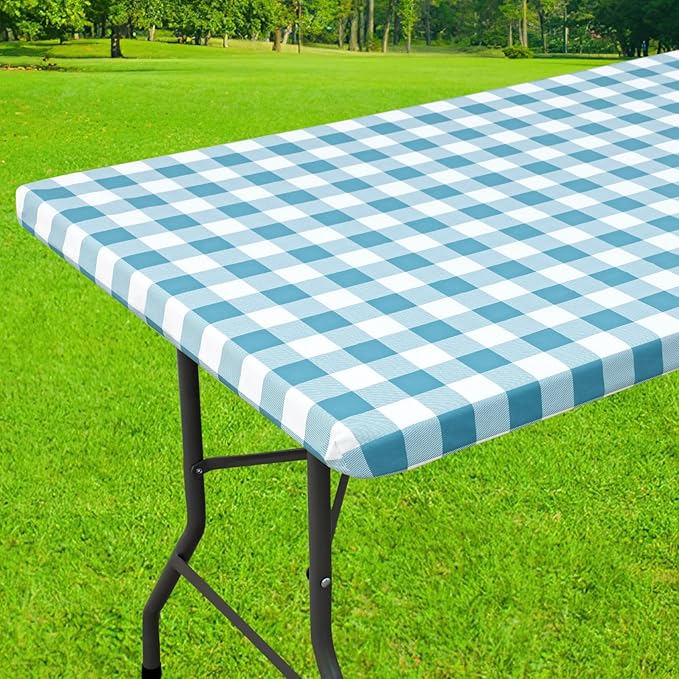 Smiry Rectangle Picnic Table Cloth, Elastic Waterproof Fitted Vinyl Tablecloths, Flannel Backed Buffalo Plaid Table Covers for Dining, Camping, Outdoor (White and Aqua, 30" x 96")