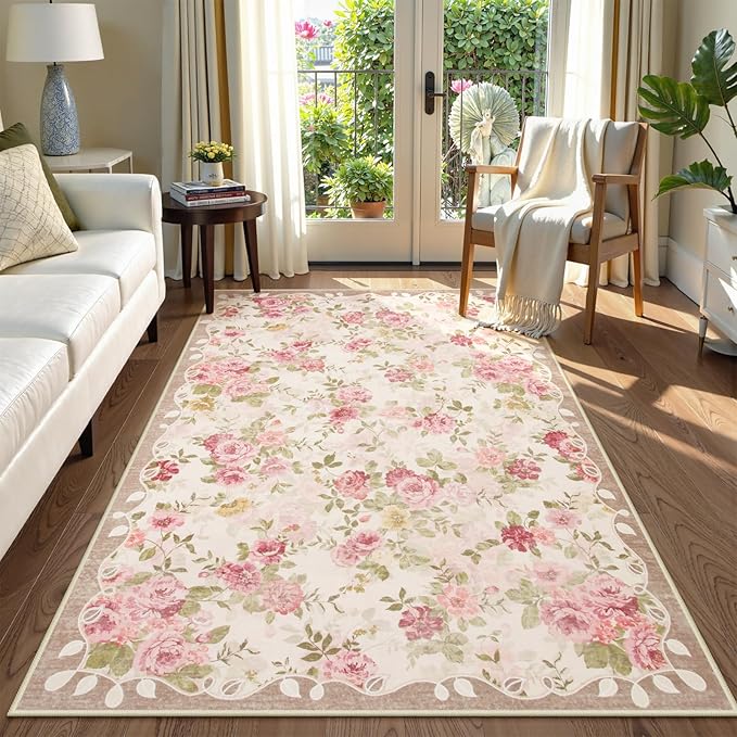 Lahome Floral Washable 3x5 Rug, Small Rugs for Bedroom Soft Non-Slip,Entry Way Rugs Indoor Low Pile Carpet for Nursery Kids Playroom Beige/Pink/Multi