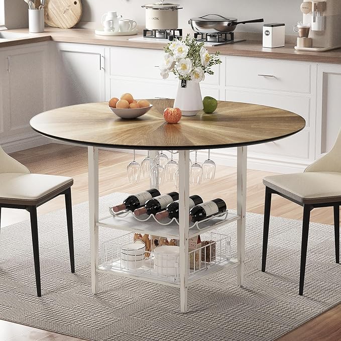 VFK 47 Inch Round Dining Table Set for 4-6 People, Large Farmhouse Kitchen Dining Table Set with Chairs and Storage Rack, Metal Base Round Table for Home Dining Room Living Room