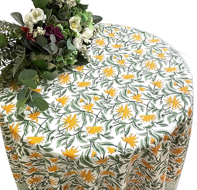 ATOSII Noor 100% Cotton Round Tablecloth, Handblock Print Floral Table Cloth for Kitchen Dining Linen I Parties, Weddings, Outdoors, Spring, Easter, Picnic Table Decor I 60" Inches Round