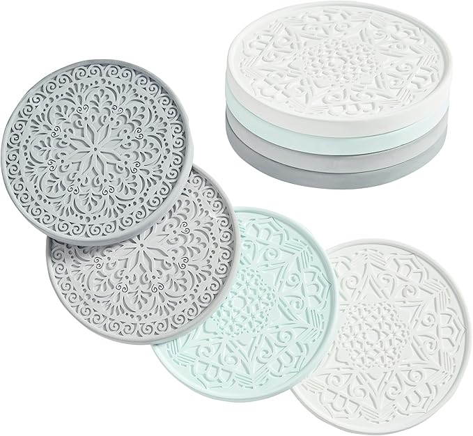 Absorbent Stone Coasters Set of 4 – Edged, Grooved, Quick-Drying Natural Diatomaceous Earth - Decor Drink Coaster for Tabletop Protection - Thirsty Stone Round 4 Inches in 4 Colors – Gift