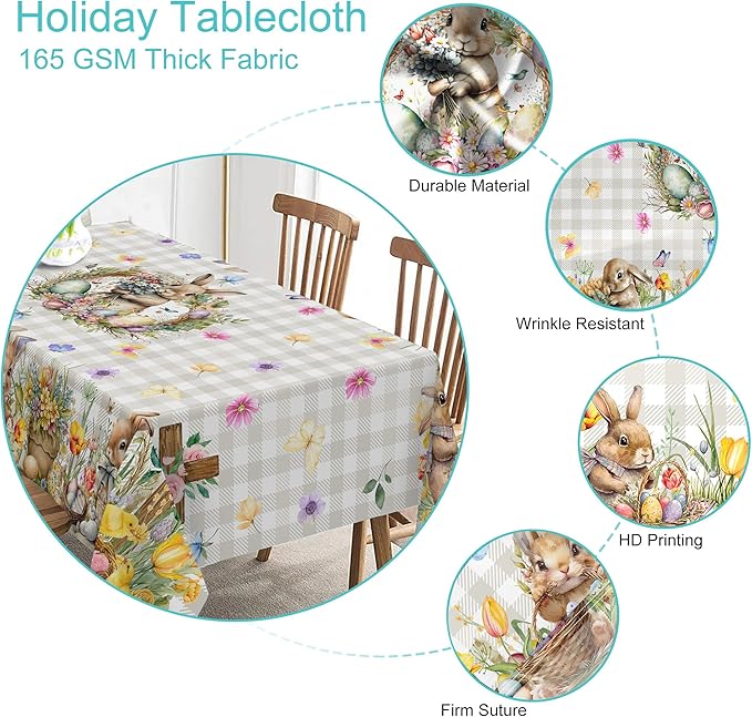 Easter Tablecloth 60 x 120 Inch Rectangle, Easter Bunny Table Cloth Buffalo Check Plaid Kitchen Table Cover for Dining Room Spring Oblong Tablecloth Indoor Decor
