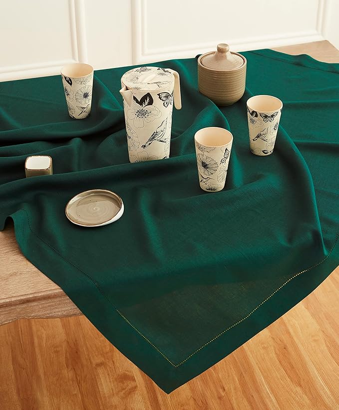 Solino Home Rainforest Green Linen Tablecloth 52 x 52 Inch - 100% Pure Linen Square Table Throw - Classic Hemstitch, Machine Washable Table Cloth for Winter, St Patricks Day