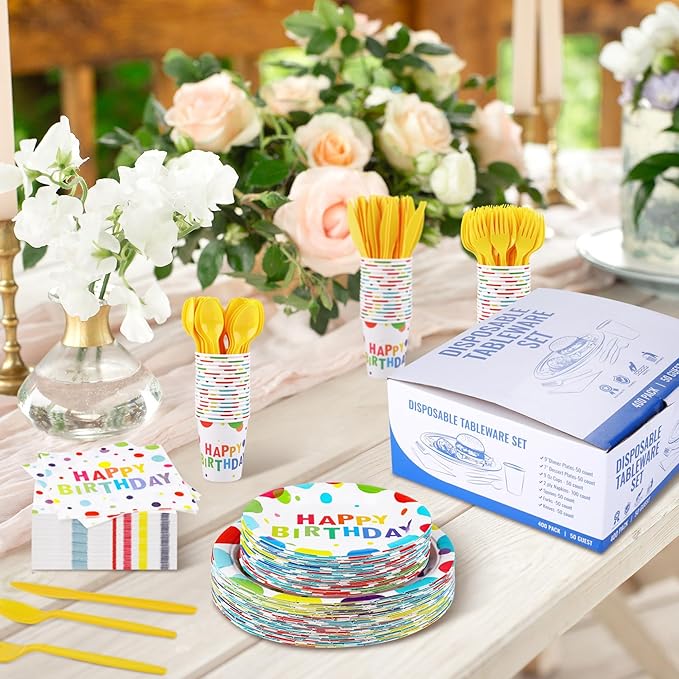 Kochorie 400 Pieces Happy Birthday Party Decorations Including Disposable Paper Plates Cups Napkins Tableware Sets Serves 50 for Birthday Party Supplies