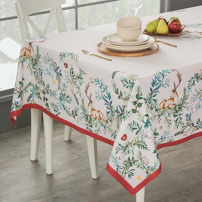 Maison d' Hermine Table Cloth Rectangle Table 100% Cotton 70 x 108 Inches Fall Tablecloth Reusable Everyday Use for Thanksgiving Christmas Decorations Dining Farmhouse Party (Holly Time)