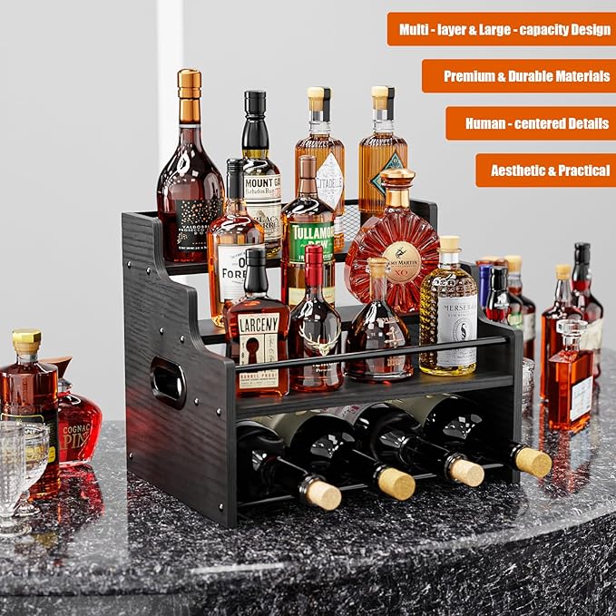 KLM 4-Tier Wood Display Shelf, Black Modern Bottle Organizer, Countertop Bar Stand for Liquor, Coffee Syrup, (Black)