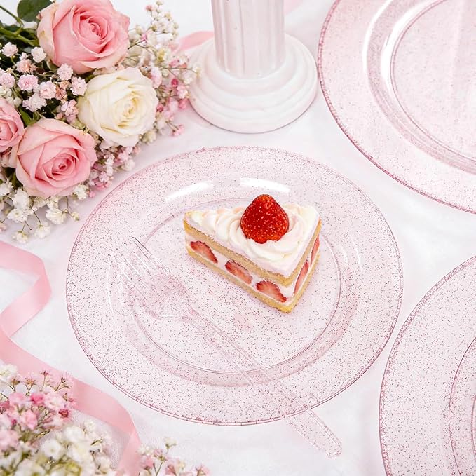 WDF 120pcs Pink Plastic Plates Disposable - Clear Pink Glitter Plates for Valentine's Day/Wedding including 60PCS Dinner Plates 10.25inch and 60PCS Salad Plates 7.5inch for Wedding/Party