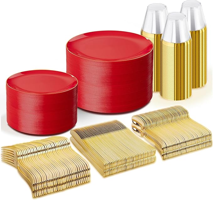 WDF 300Pcs Red Disposable Plates - Red Plastic Plates - 50guest Disposable Dinnerware Include 50 Dinner Plate, 50 Dessert Plate, 150 Cutlery & 50 9oz Cups for Valentine's Day & Parties