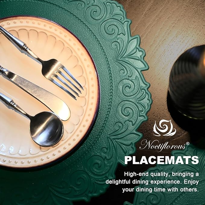 Noctiflorous Round Faux Leather 15 Inch Placemats Set of 6 Waterproof Wipeable Heat Resistant Tablemat for Dining Table Kitchen Non Slip Oilproof Table Place Mat for Indoor Outdoor(Green, 6)