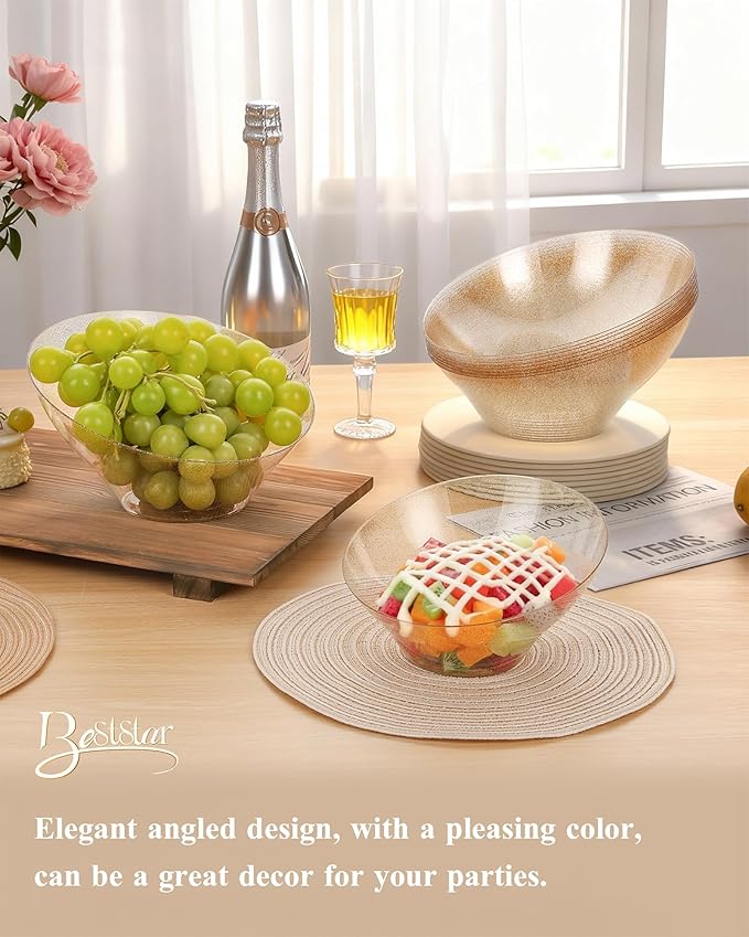 BESTSTAR 54OZ Clear and Gold Gliter Plastic Serving Bowls 8 Pack Angled Disposable Party Bowls for Chips, Salad, Fruit & Candy – Heavy Duty Clear Serving Bowls for Parties, Buffet, Christmas