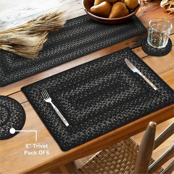 Homespice Jet Black Jute Braided Kitchen Trivets for Hot Dishes, Warm Primitive Decor, Set of 6, 8" Round Heat Resistant Mat - Rich Colors, Easy to Clean, Durable and Protects Furniture