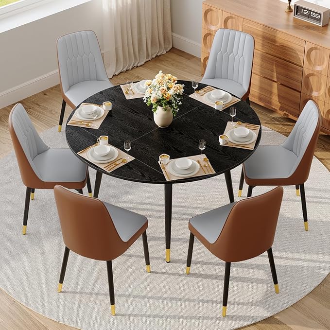 53” Round Dining Table Set for 6｜7 Piece Wood Dining Table Set｜Extendable Dining Room Table with 6 Chairs｜Black Wooden Tabletop with Metal Legs｜Easy Assembly｜Space Saving｜for Kitchen, Living Room