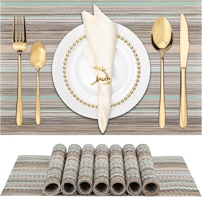 Winknowl Placemats Set of 8, Heat Resistant Non-Slip Vinyl Woven Table Mats for Dining Table, Washable Durable Elegant Place Mats for Kitchen Indoor/Outdoor Use (Teal Green)