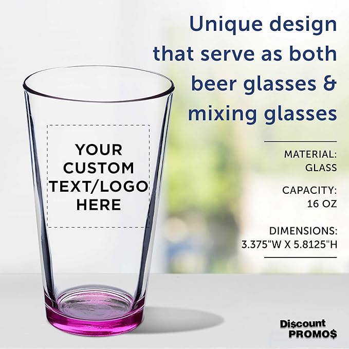 DISCOUNT PROMOS Custom Beer Pint Glasses 16 oz. Set of 10/50/100, Personalized Bulk Pack - Heavy Duty Glassware for Restaurant, Thick Base and Walls, Stackable - Pink