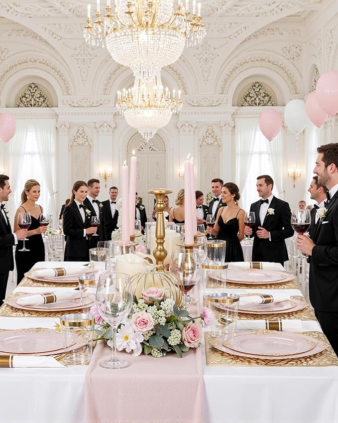 Nervure 100PCS Pink and Gold Plastic Plates - 7.5 inch Pink Plastic Plates with Gold Rim - Disposable Dessert Plate for Wedding & Party