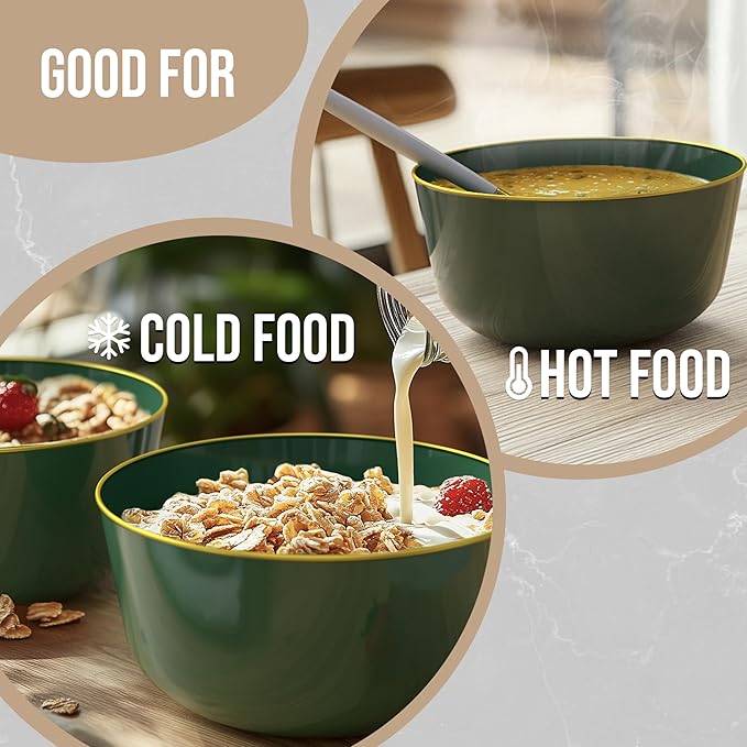 Trendables Disposable Bowls - 24 Oz Set of 50, Green Gold Rimmed Fancy Serving Bowls, Perfect for Ice Cream, Salad, and Candy