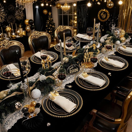 350 Pieces Black and Gold Plastic Plates with Disposable Silverware, Include 50 Dinner Plates 9”, 50 Dessert Plates 6.3”, 50 Black Cups 9 OZ, 50 Pre Rolled Napkins for Birthday Weddding Party