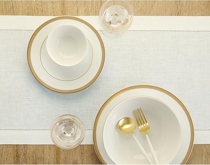 Solino Home Linen Ivory Table Runner 90 Inches Long - 100% Pure Linen Hemstitch 14 x 90 Inch Table Runner for Dining, Spring, Easter - Classic Hemstitch