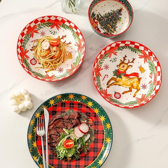 Pasta Bowls 42 Oz, Serving Bowls Set of 4, Ceramic Plate for Kitchen,Salad, Dinner, Microwave Oven and Dishwasher Safe, Versatile Christmas Dishes for Holiday Entertaining, Red