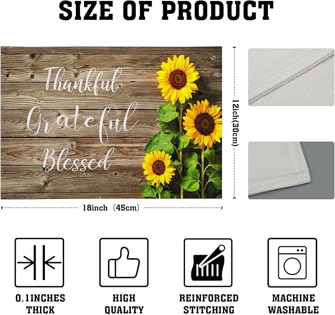 Spring Summer Sunflower Placemats Set of 4 for Dining Table Religious Thankful Grateful Blessed Place Mats Easter Table Mats Washable Cloth Placemats Kitchen Decor 12x18 inch