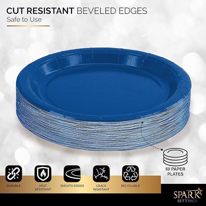 Disposable Paper Plates Royal Blue, 7 Inch Paper Dessert Plates, Strong and Sturdy Disposable Plate for Party, Dinner, Holiday, Picnic, or Travel Party Plate, Pack of 50