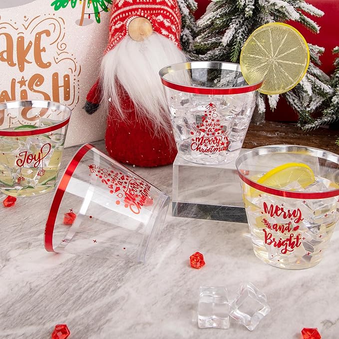 I00000 60PCS Christmas Red Plastic Cups Christmas Disposable Cups 9 Oz Plastic Holiday Cup Wine Glasses Red Rim Clear Cocktail Cups Tumblers Clear Drinking Glasses for Xmas Parties