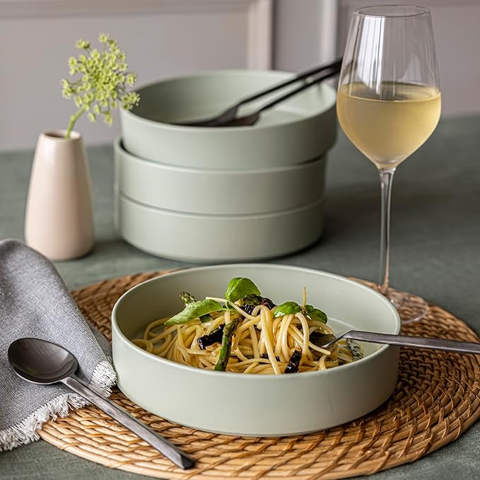 over&back Stackable Dinner Bowl Set - Stoneware Dishes - Comes with 4 Dinner Bowls - All-Occasion Place Settings Perfect for Pasta, Salads, Snacks - 8.3" x 8.3" x 1.9" - 40oz - Semi-Matte Sage
