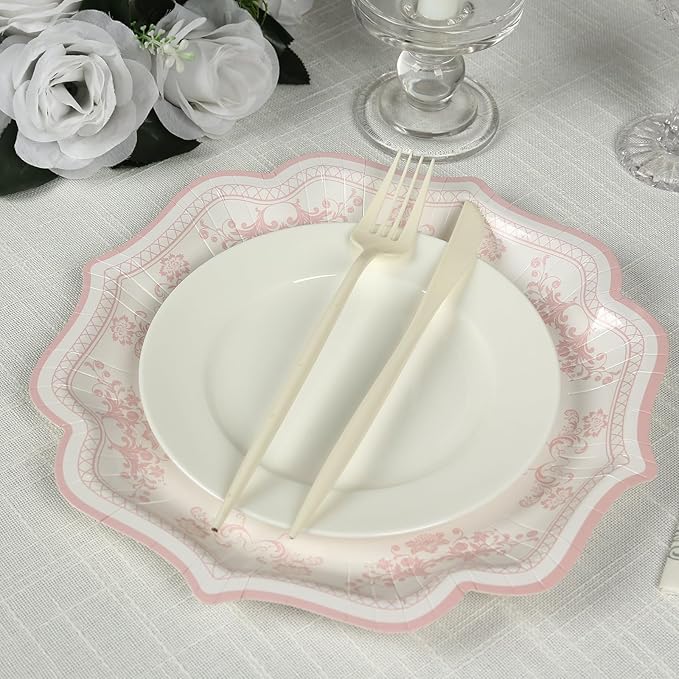 50 Pack 10" White Pink French Toile Dinner Plates, Disposable Round Paper Party Plates 300 GSM for Festive Table Decoration