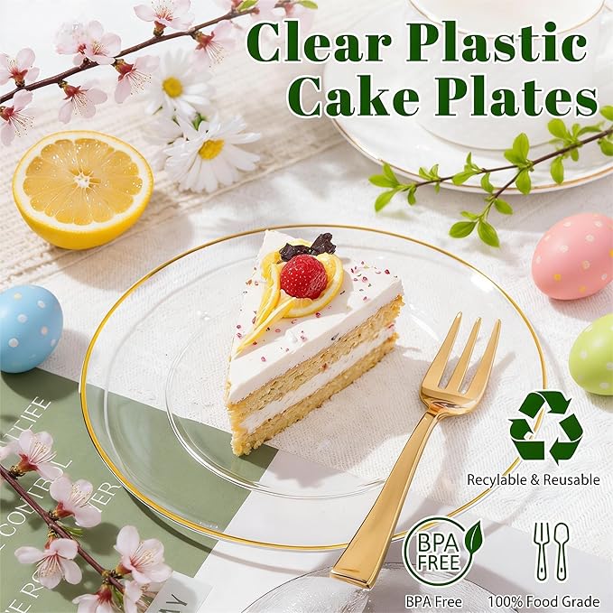 Festiva 200Pcs Clear Plastic Dessert Plates Disposable 6.3" with Plastic Forks 5" - Small Clear Plates-Dessert/Cake/Appetizer Plates for Birthday/Easter Party & Wedding - Serve for 100Guests