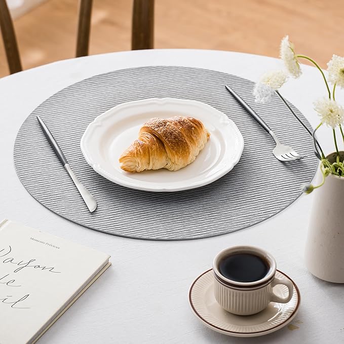Jovono 15" Faux Leather Big Round Placemats Set of 6 - Washable Heat Resistant Non-Slip Dining Table Mats with Fabric Texture for Kitchen Home Party Decor, Light Gray