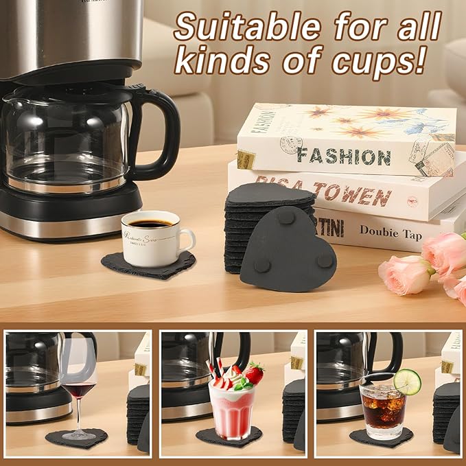 12 Pcs Slate Drink Coasters Bulk,4X4 Inch Black Slate Stone Coasters for Office, Home Decor,Laser Engraving Blanks with Anti-Scratch Bottoms for Coffee Bar Kitchen Heart