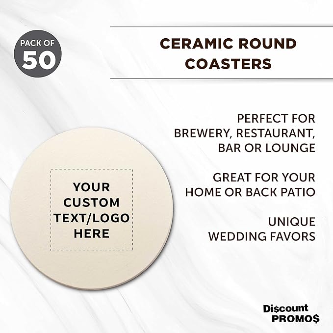 DISCOUNT PROMOS Custom Ceramic Coasters Set of 50, Personalized Bulk Pack - 4 Inches with Cork Bottom Pad, Perfect for Hotel, Bar, Restaurant - Natural