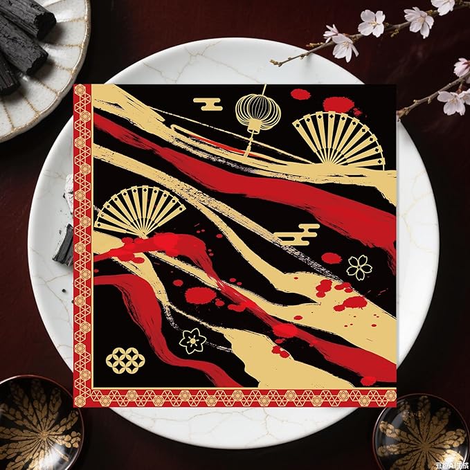 Hibachi Birthday Party Decorations, 50 Sheets Hibachi Party Napkins Disposable Supplies, Asian Japanese Style Paper Napkins Tableware Decor for Birthday Baby Shower (Size 6.5 Inch)