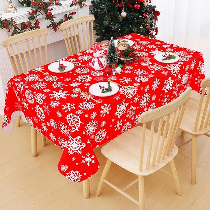 Smiry Christmas Rectangle Table Cloth, Waterproof Vinyl Tablecloth with Flannel Backing, Wipeable Snowflake Plastic Tablecloths for Christmas Table Decorations, (60"x84", Christmas Red)