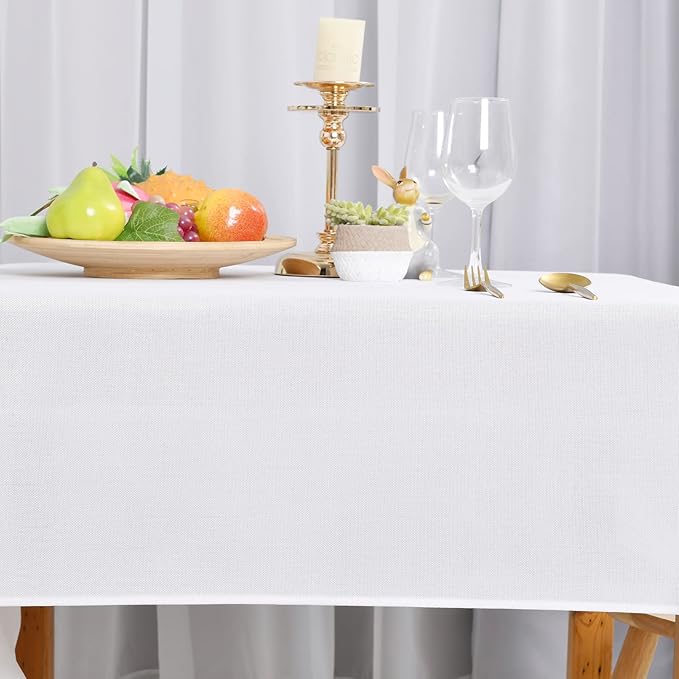 Hiasan 2 Pack Faux Linen Rectangle Tablecloth - Wrinkle and Stain Resistant Washable Table Cloth for Kitchen Dining Room Holiday Table Cover for Party Dinner, White, 60 x 102 Inch